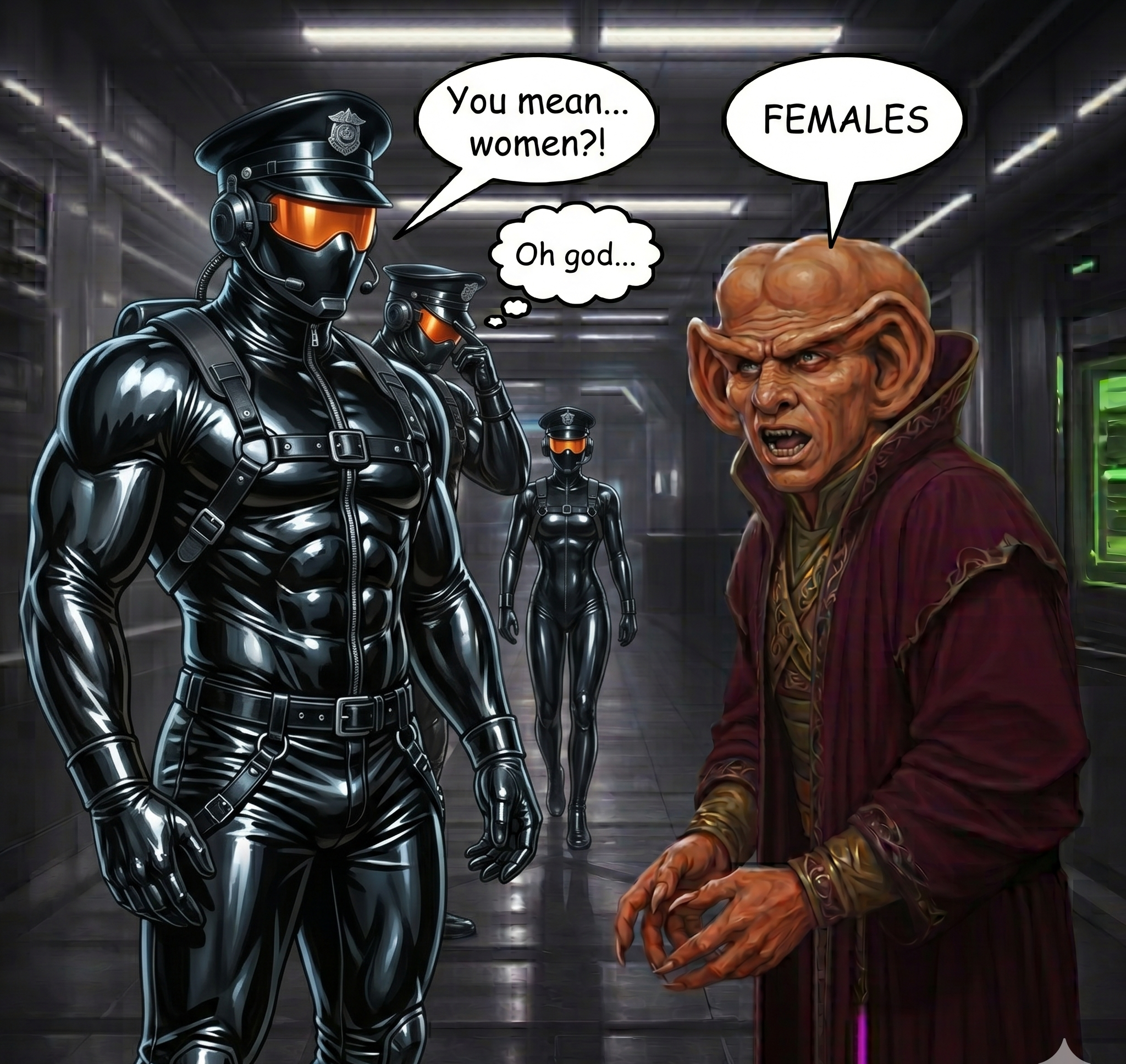 Unit #0050 in the corridor facing a Ferengi who says FEMALES. Unit #0050: You mean... women?! Oh god...